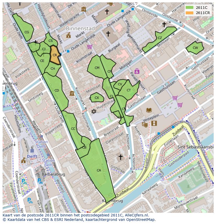 Afbeelding van het postcodegebied 2611 CR op de kaart.