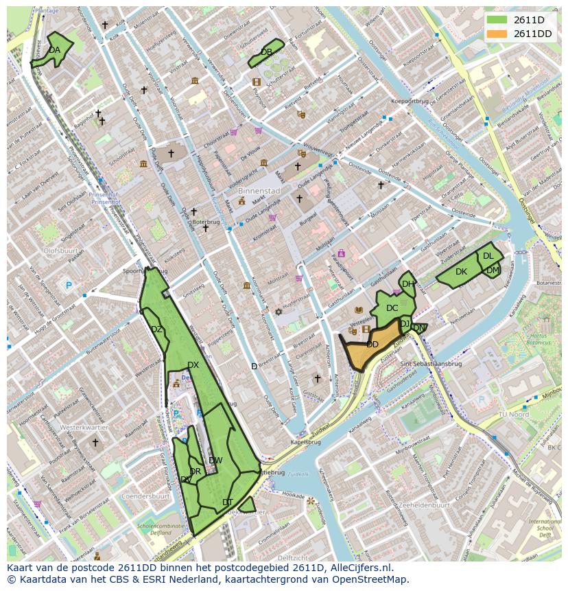 Afbeelding van het postcodegebied 2611 DD op de kaart.