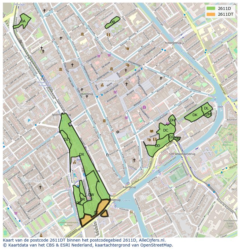 Afbeelding van het postcodegebied 2611 DT op de kaart.
