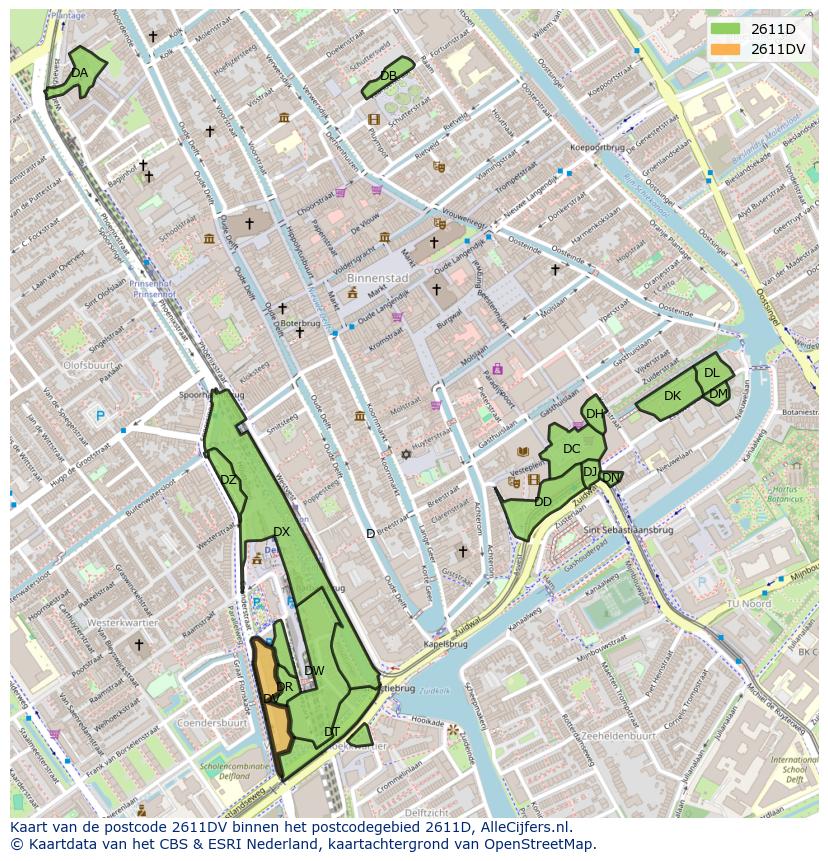 Afbeelding van het postcodegebied 2611 DV op de kaart.