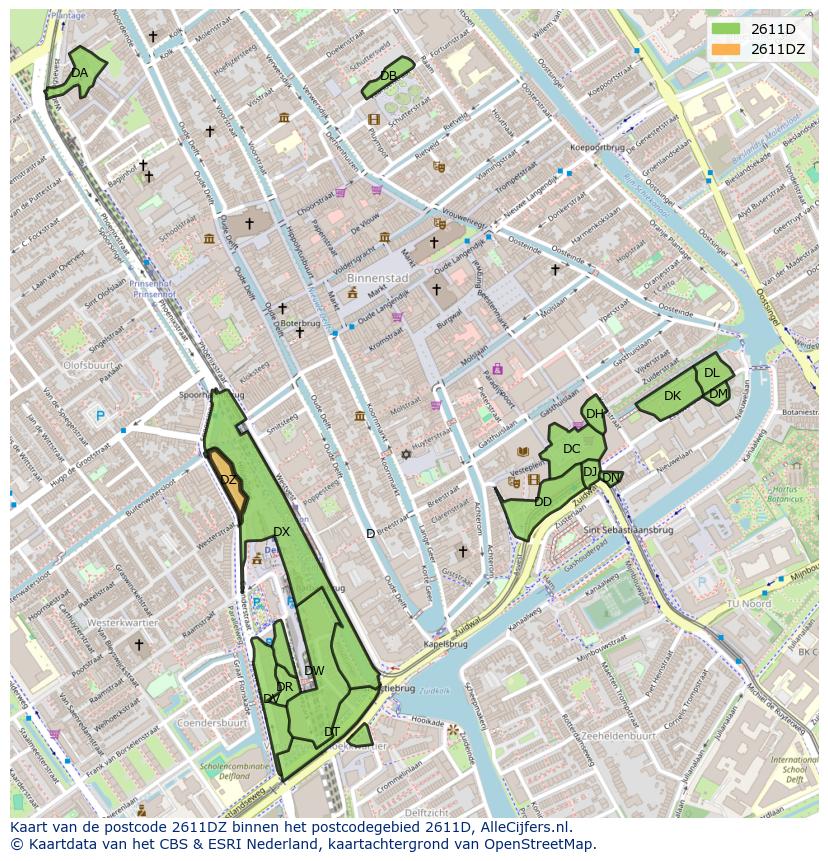 Afbeelding van het postcodegebied 2611 DZ op de kaart.