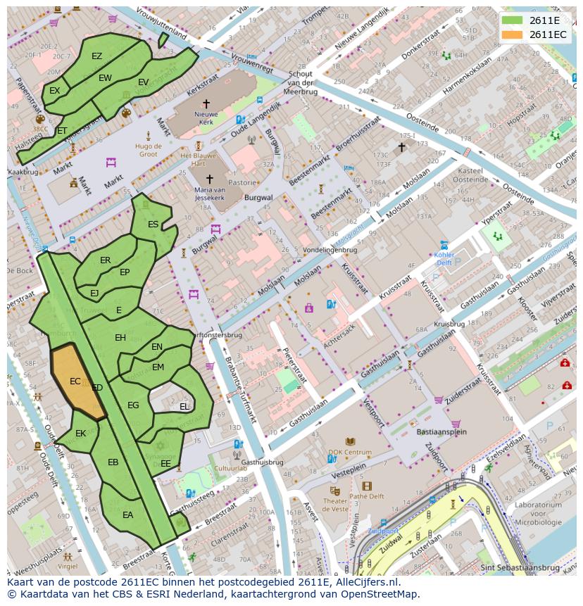 Afbeelding van het postcodegebied 2611 EC op de kaart.