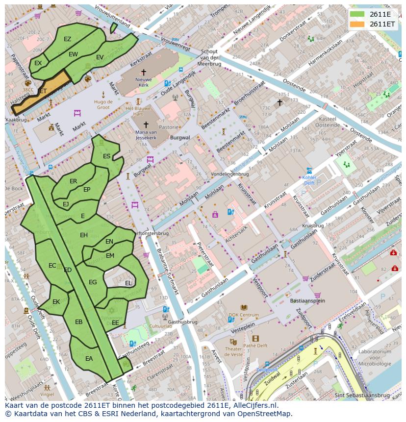 Afbeelding van het postcodegebied 2611 ET op de kaart.
