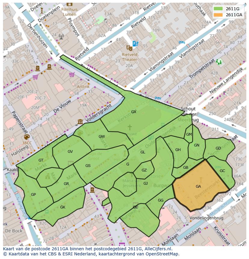 Afbeelding van het postcodegebied 2611 GA op de kaart.