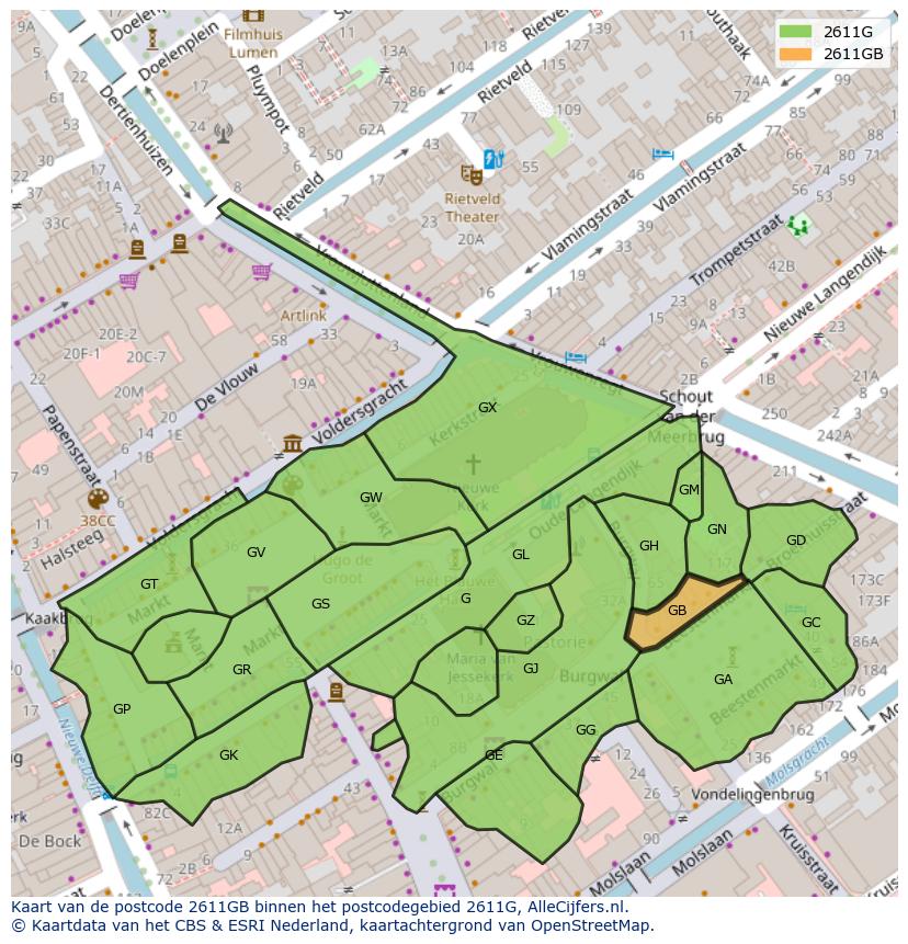 Afbeelding van het postcodegebied 2611 GB op de kaart.