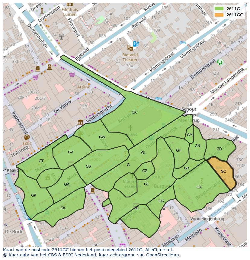 Afbeelding van het postcodegebied 2611 GC op de kaart.