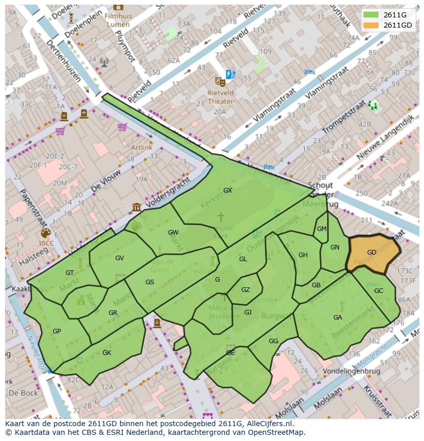 Afbeelding van het postcodegebied 2611 GD op de kaart.