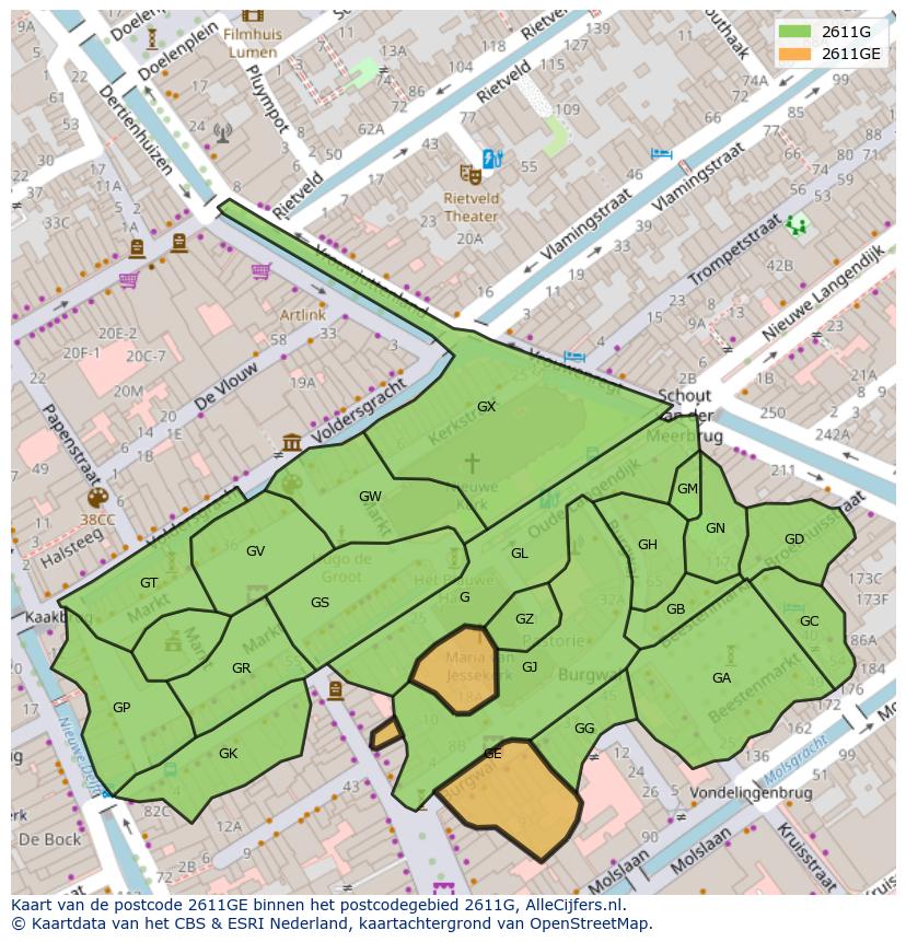 Afbeelding van het postcodegebied 2611 GE op de kaart.