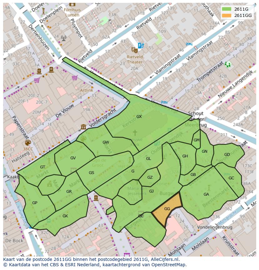 Afbeelding van het postcodegebied 2611 GG op de kaart.