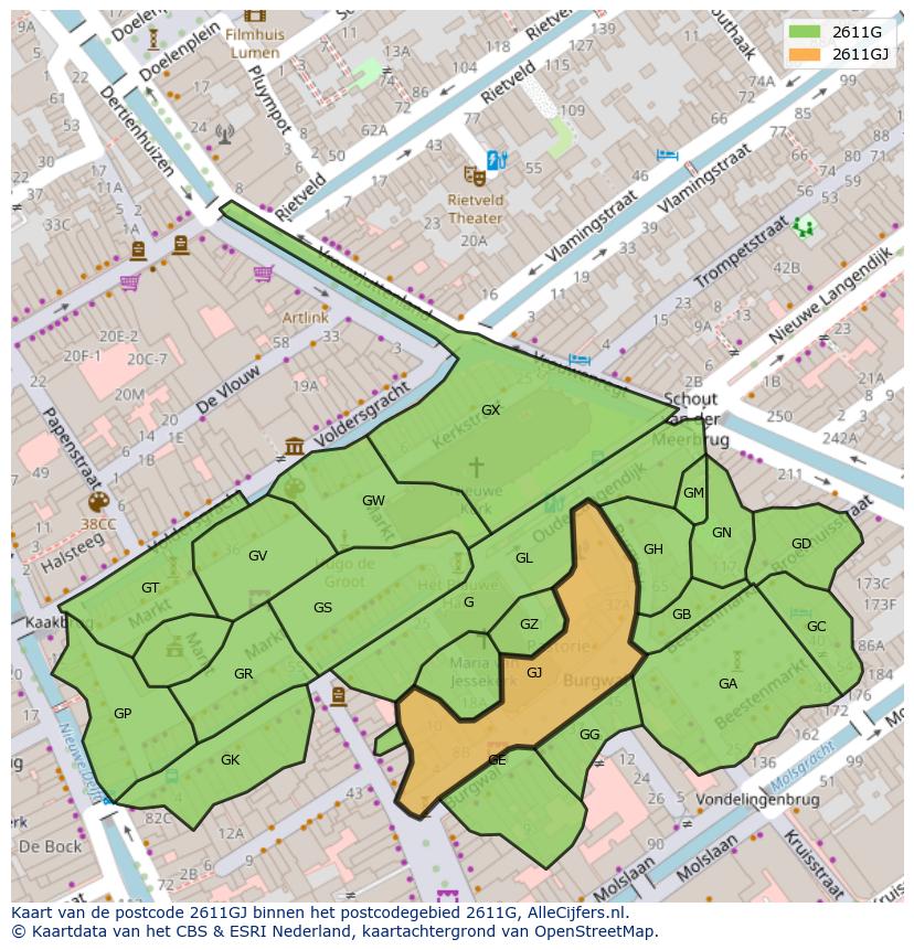 Afbeelding van het postcodegebied 2611 GJ op de kaart.