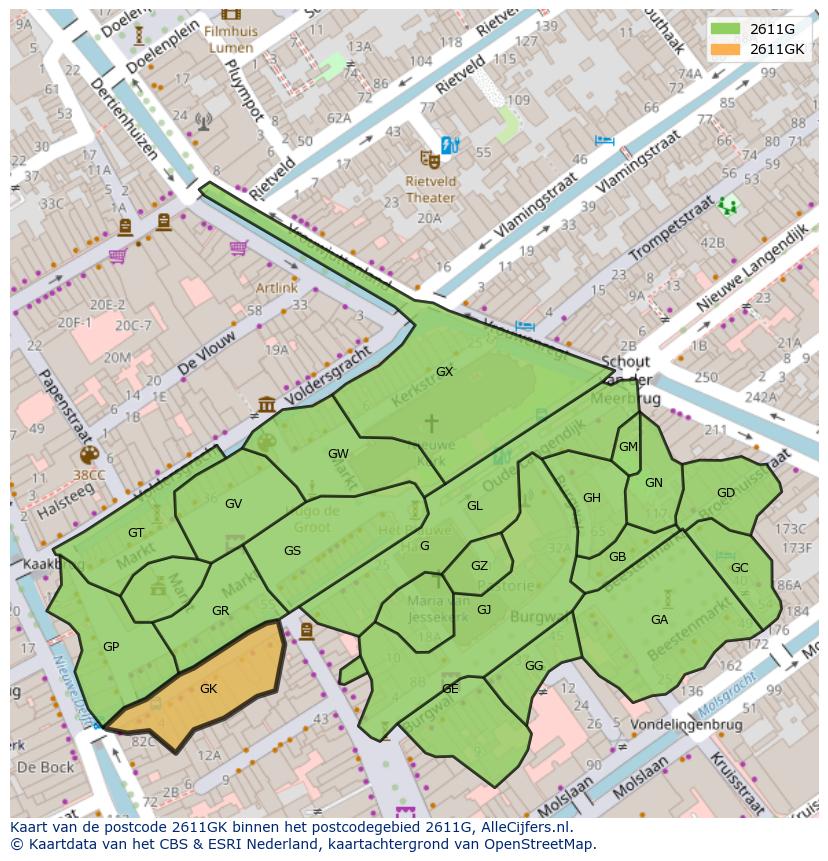 Afbeelding van het postcodegebied 2611 GK op de kaart.