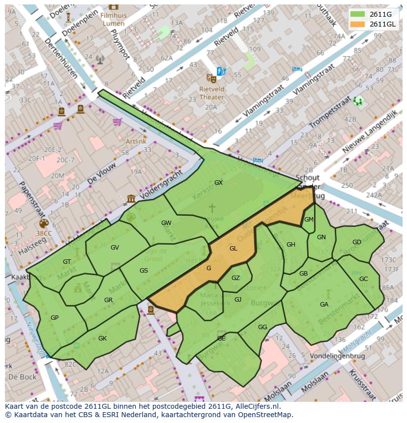 Afbeelding van het postcodegebied 2611 GL op de kaart.