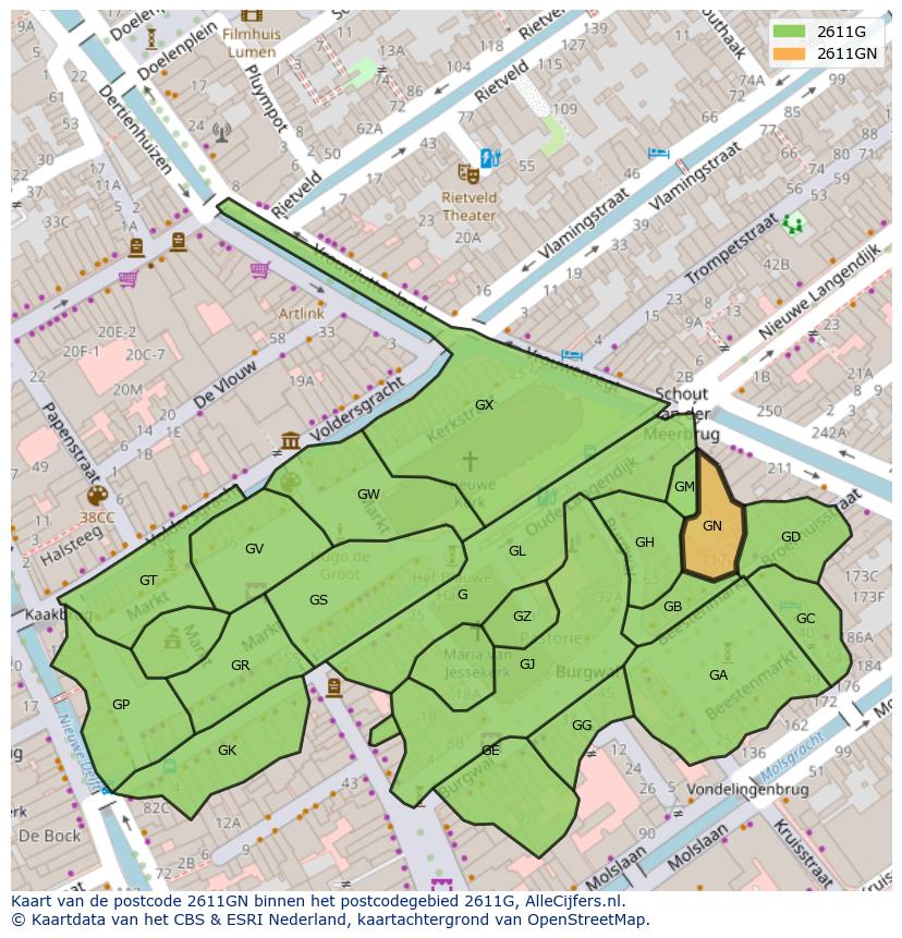 Afbeelding van het postcodegebied 2611 GN op de kaart.