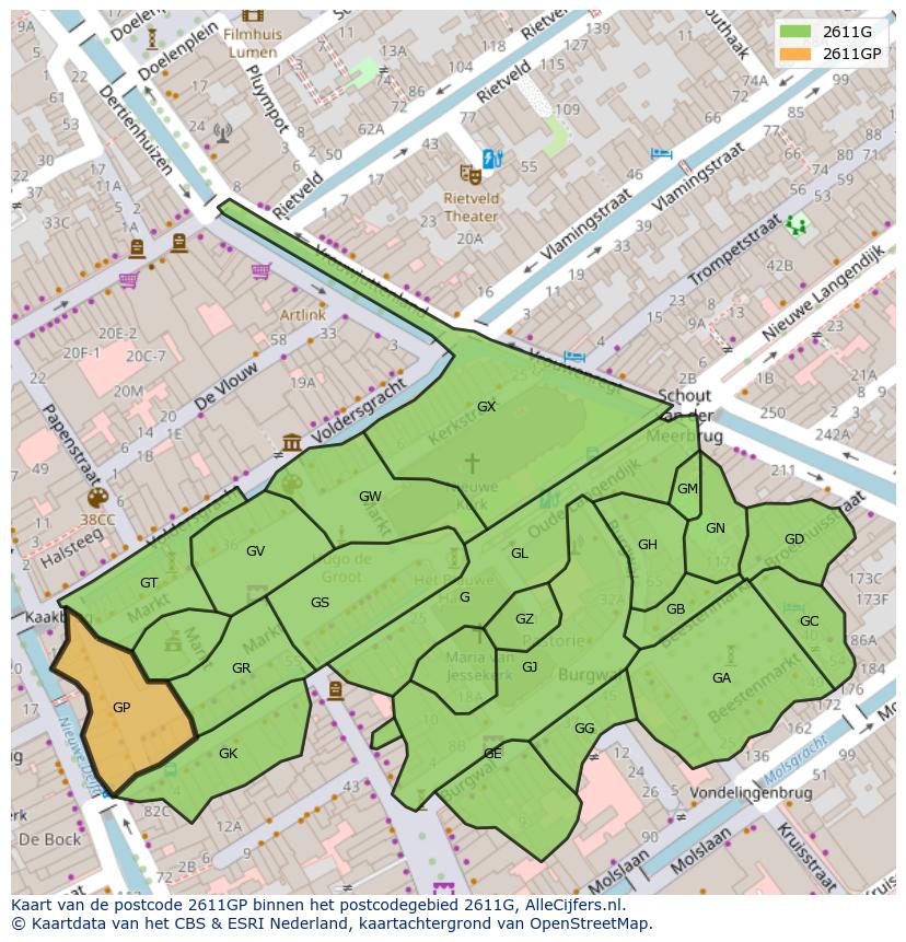 Afbeelding van het postcodegebied 2611 GP op de kaart.