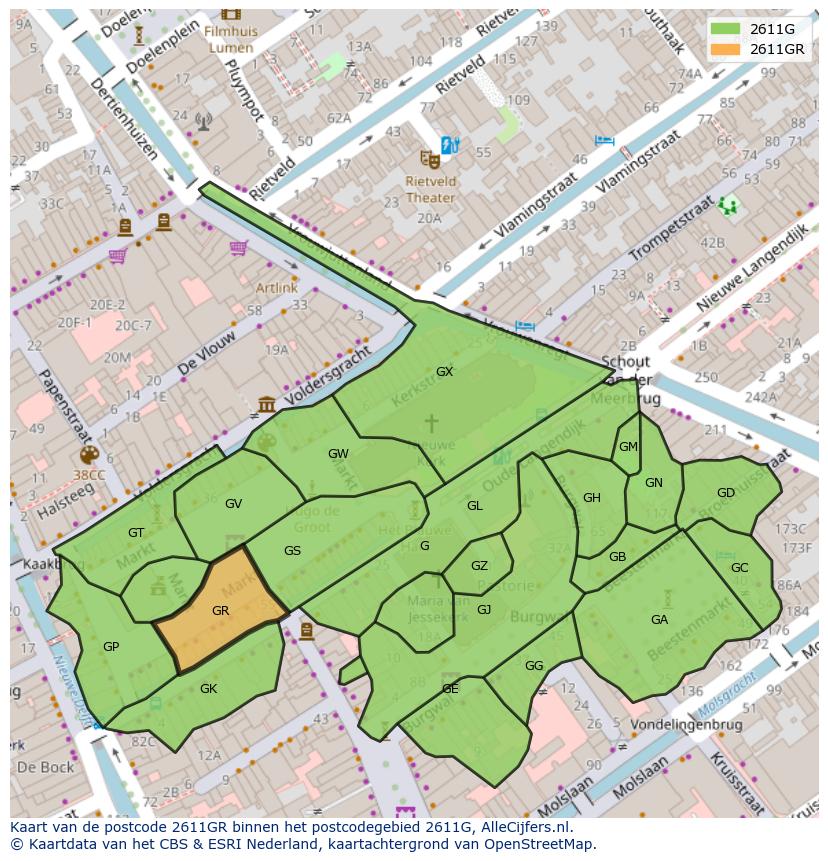 Afbeelding van het postcodegebied 2611 GR op de kaart.