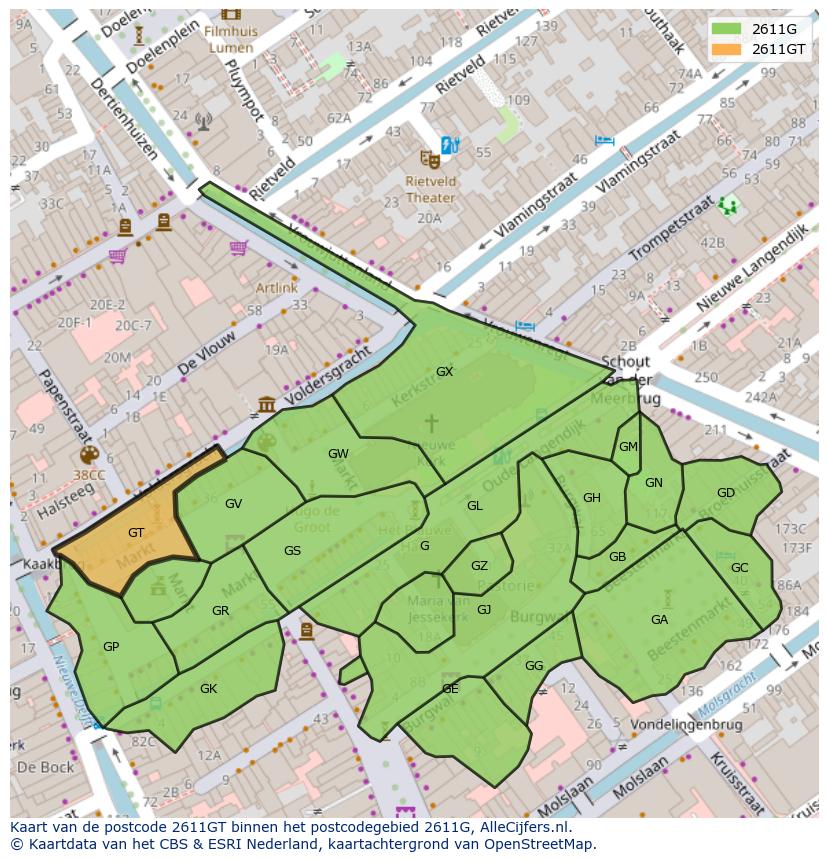 Afbeelding van het postcodegebied 2611 GT op de kaart.