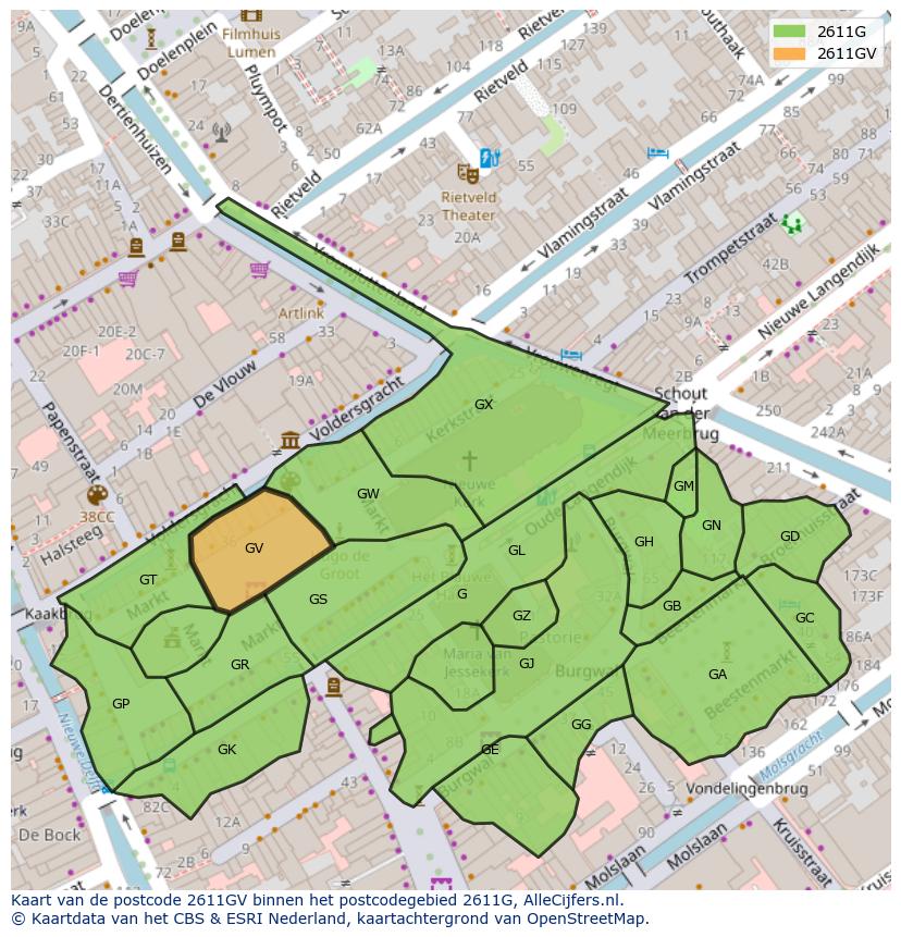 Afbeelding van het postcodegebied 2611 GV op de kaart.