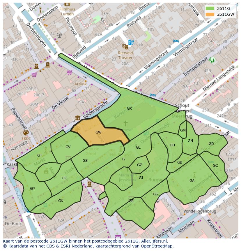 Afbeelding van het postcodegebied 2611 GW op de kaart.