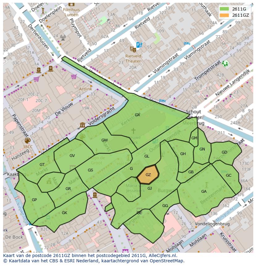 Afbeelding van het postcodegebied 2611 GZ op de kaart.