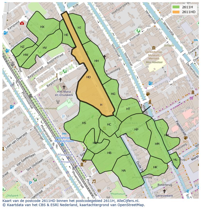 Afbeelding van het postcodegebied 2611 HD op de kaart.