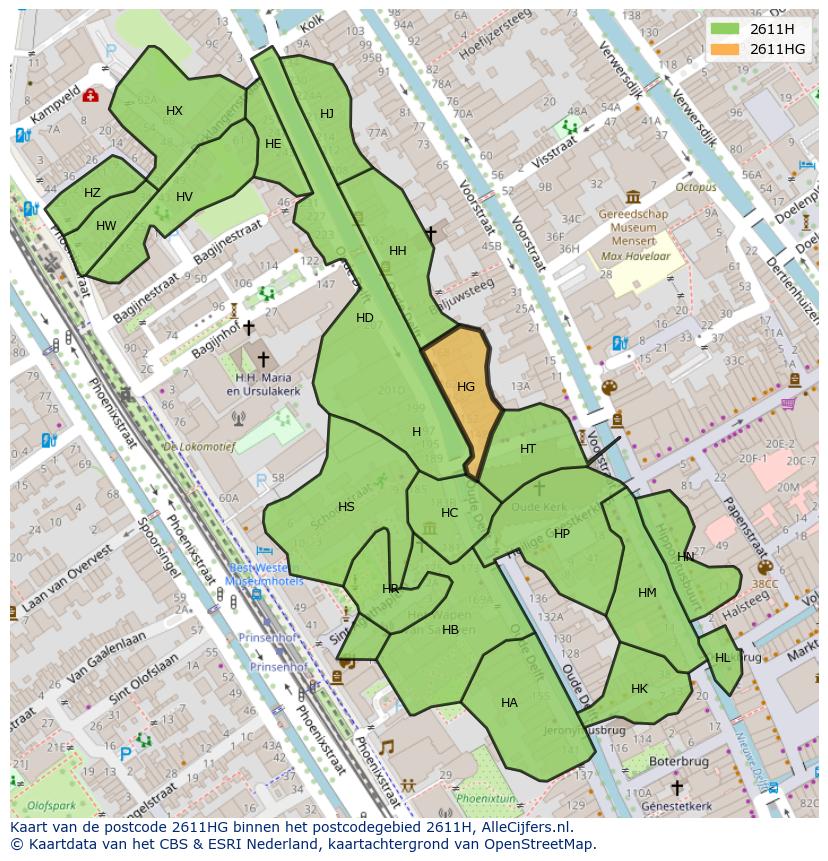Afbeelding van het postcodegebied 2611 HG op de kaart.