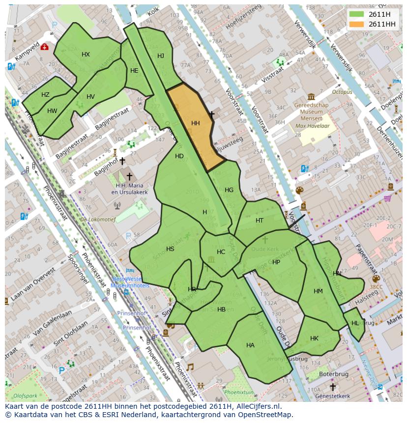 Afbeelding van het postcodegebied 2611 HH op de kaart.