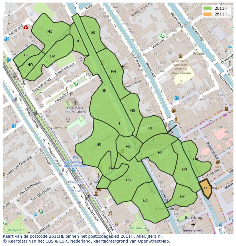 Afbeelding van het postcodegebied 2611 HL op de kaart.