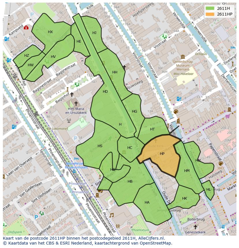 Afbeelding van het postcodegebied 2611 HP op de kaart.