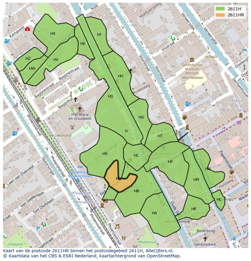 Afbeelding van het postcodegebied 2611 HR op de kaart.