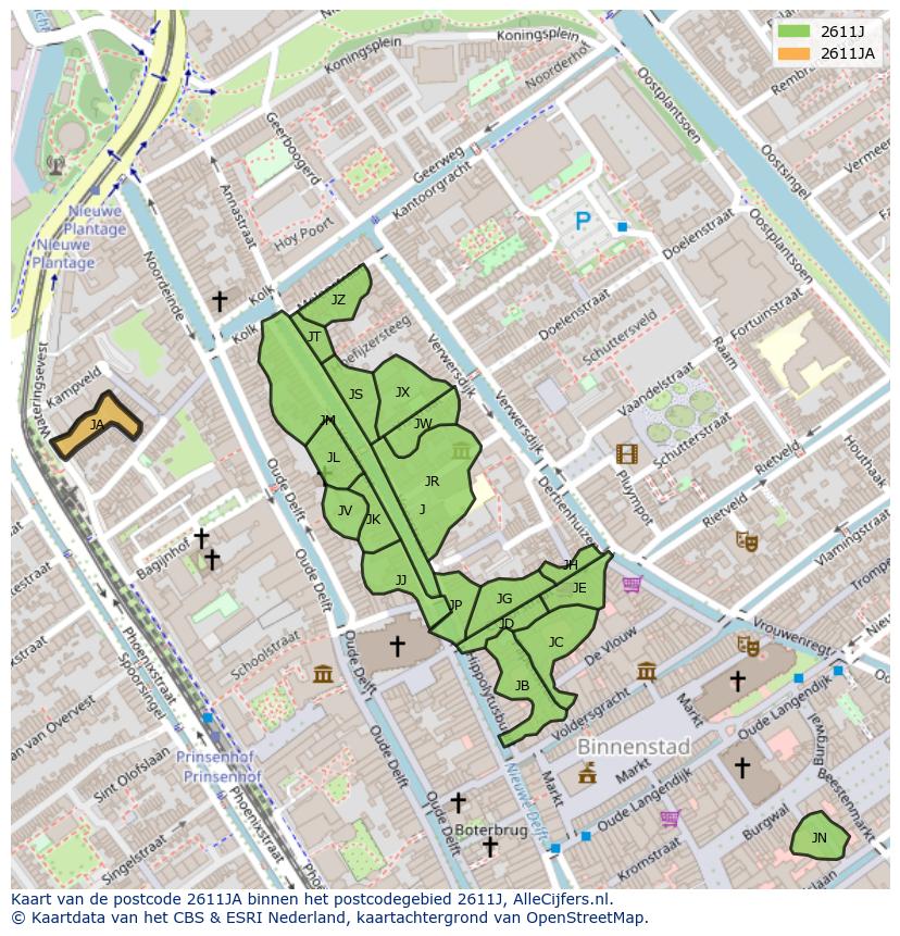 Afbeelding van het postcodegebied 2611 JA op de kaart.