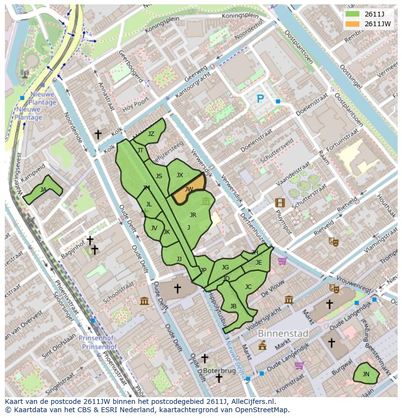 Afbeelding van het postcodegebied 2611 JW op de kaart.