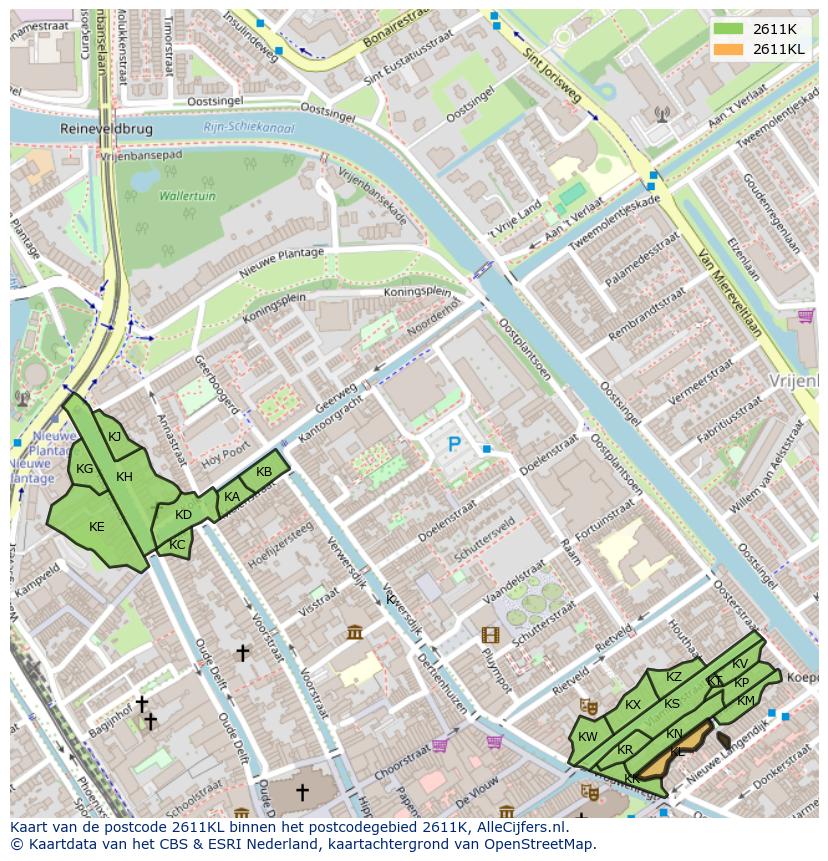 Afbeelding van het postcodegebied 2611 KL op de kaart.