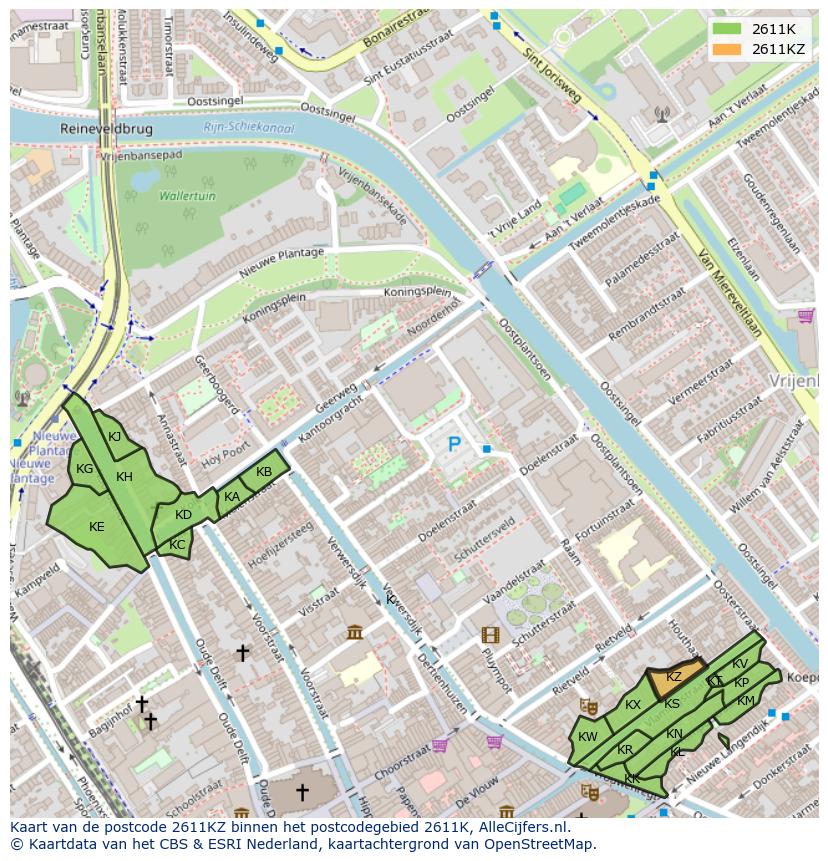 Afbeelding van het postcodegebied 2611 KZ op de kaart.