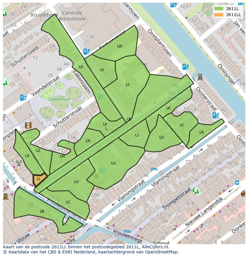 Afbeelding van het postcodegebied 2611 LL op de kaart.