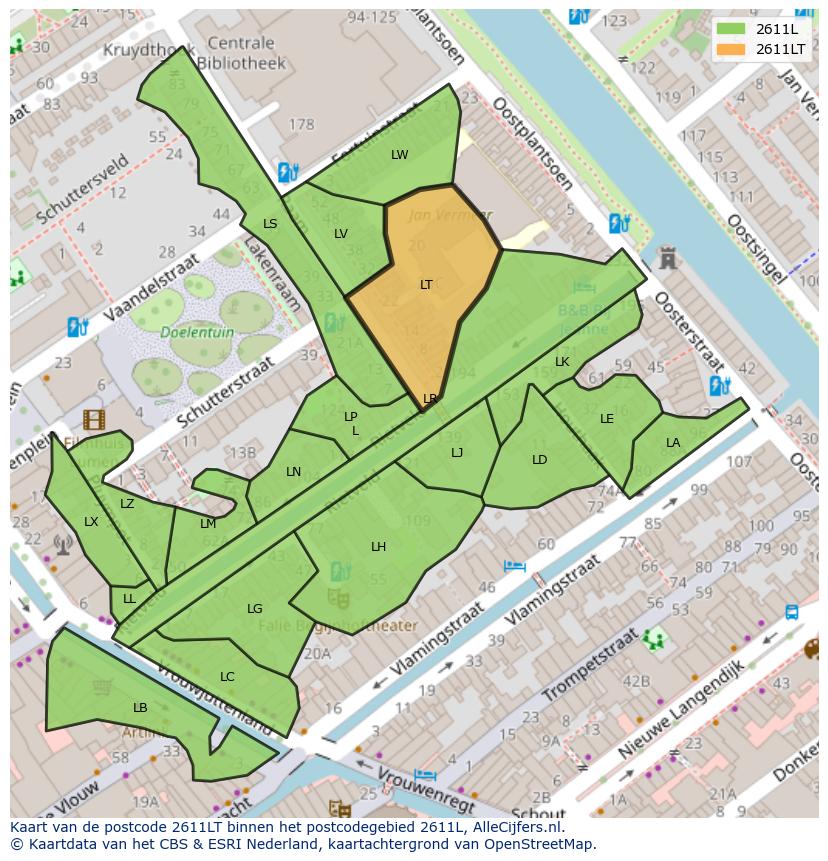 Afbeelding van het postcodegebied 2611 LT op de kaart.