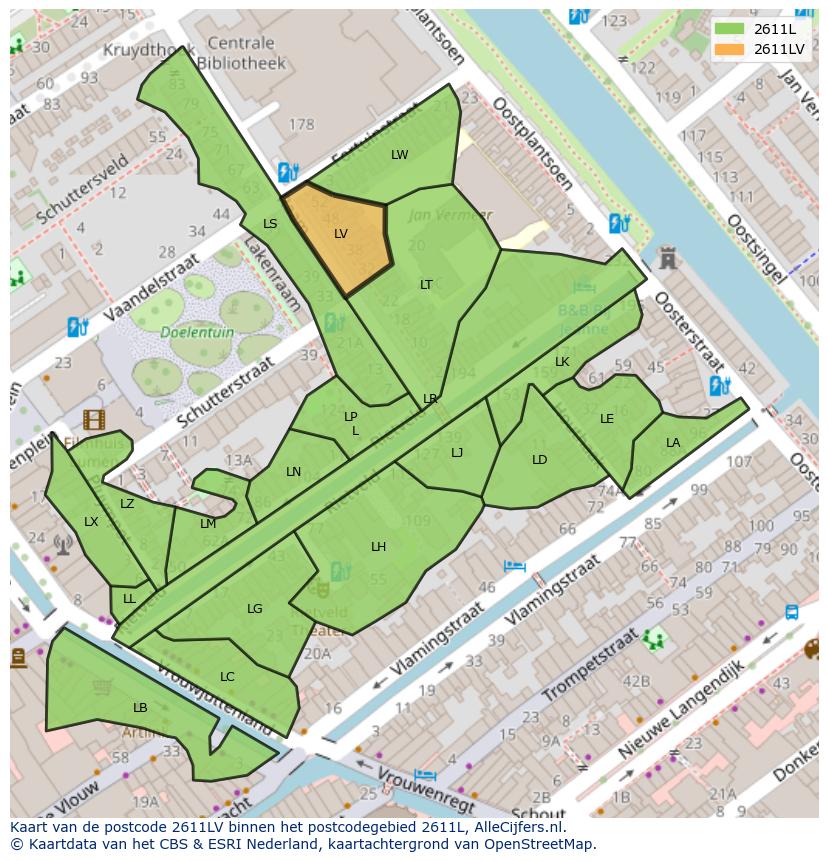 Afbeelding van het postcodegebied 2611 LV op de kaart.