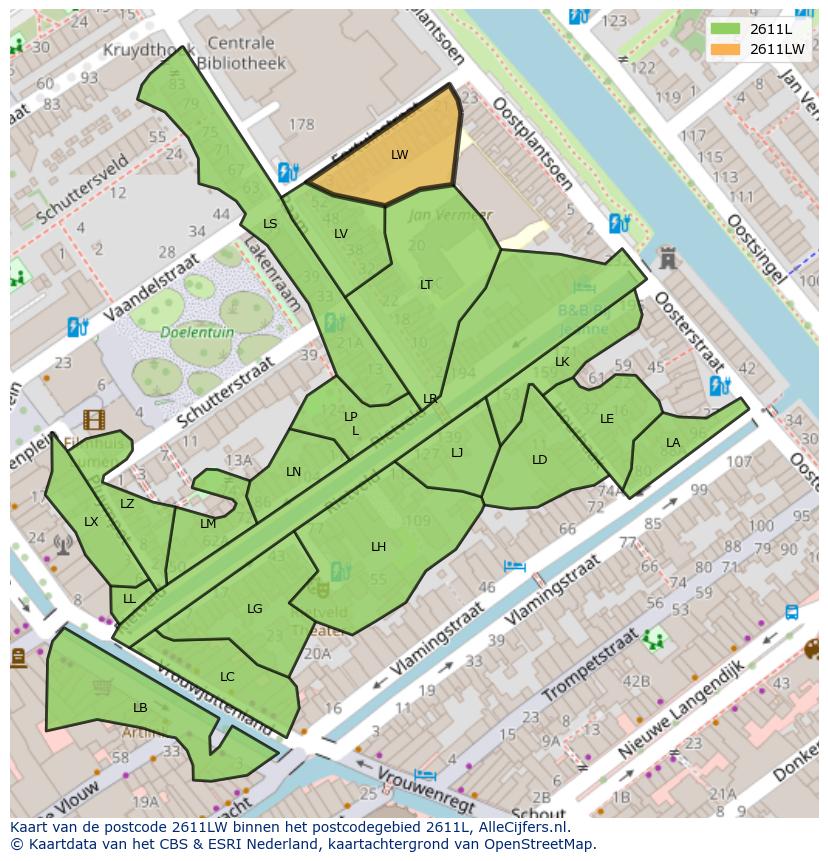 Afbeelding van het postcodegebied 2611 LW op de kaart.