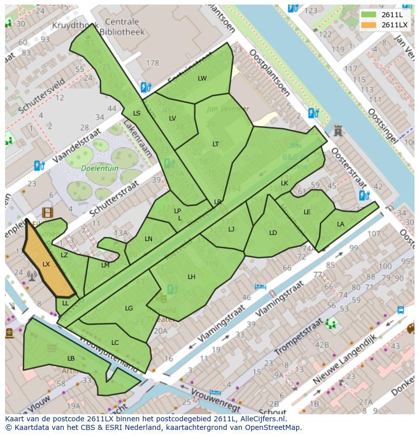 Afbeelding van het postcodegebied 2611 LX op de kaart.