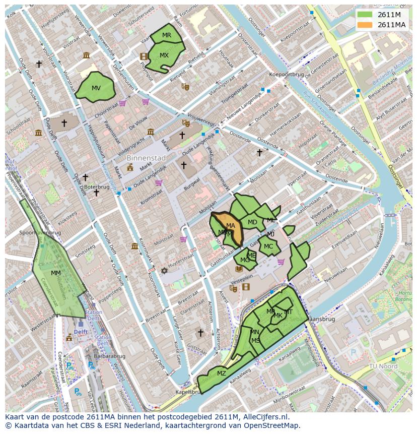 Afbeelding van het postcodegebied 2611 MA op de kaart.