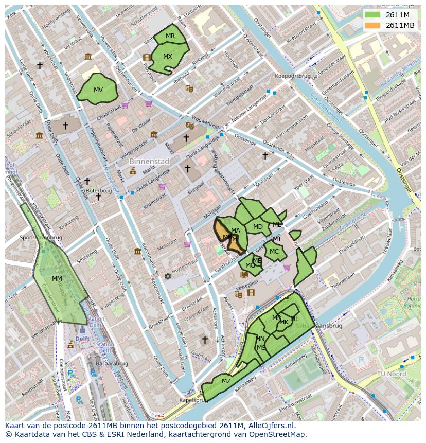 Afbeelding van het postcodegebied 2611 MB op de kaart.