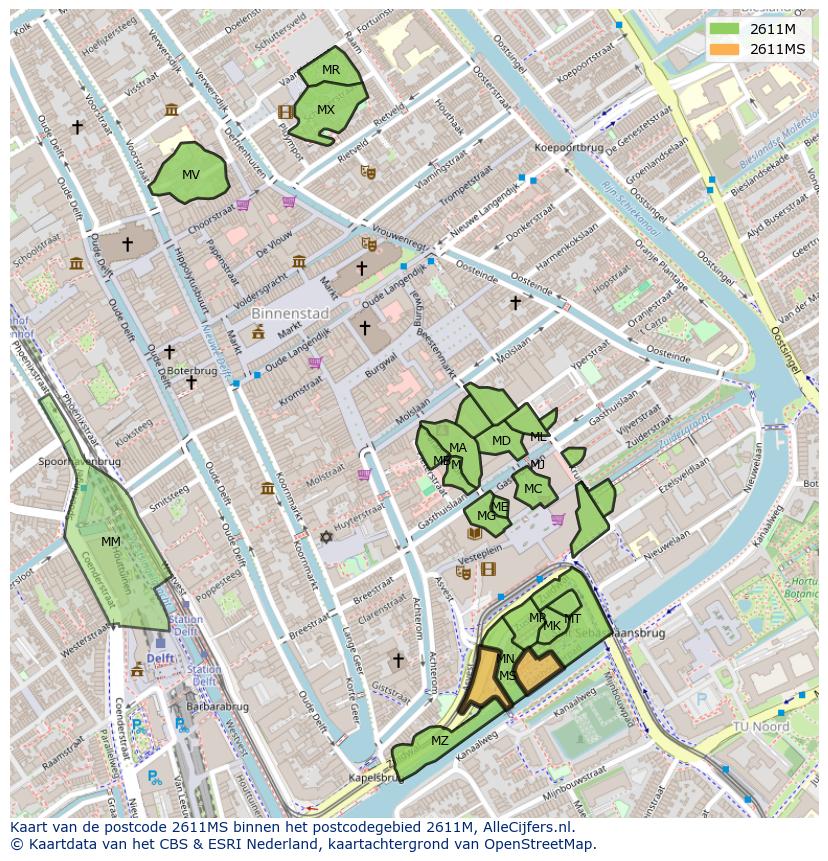 Afbeelding van het postcodegebied 2611 MS op de kaart.