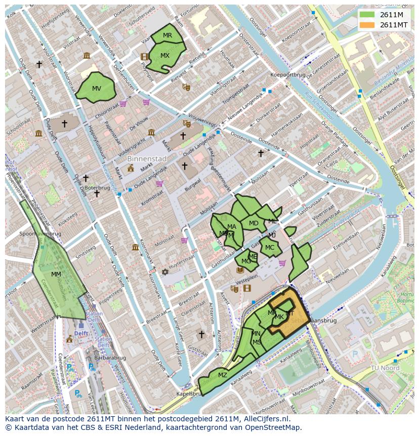 Afbeelding van het postcodegebied 2611 MT op de kaart.