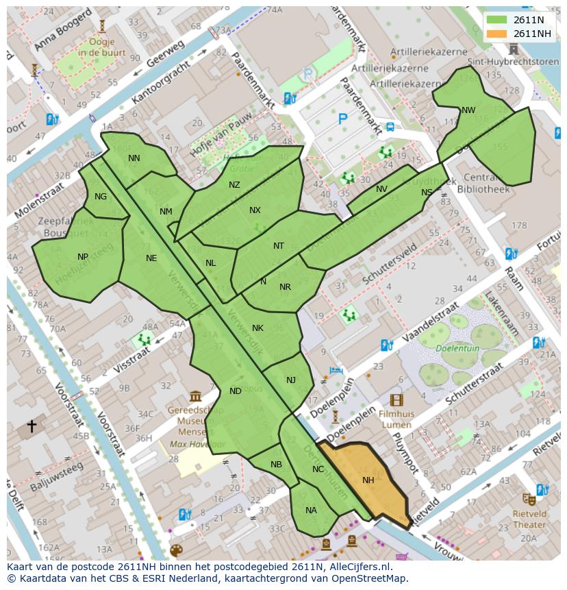 Afbeelding van het postcodegebied 2611 NH op de kaart.