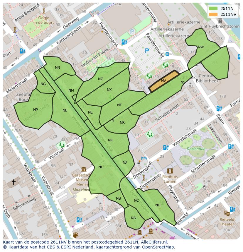 Afbeelding van het postcodegebied 2611 NV op de kaart.