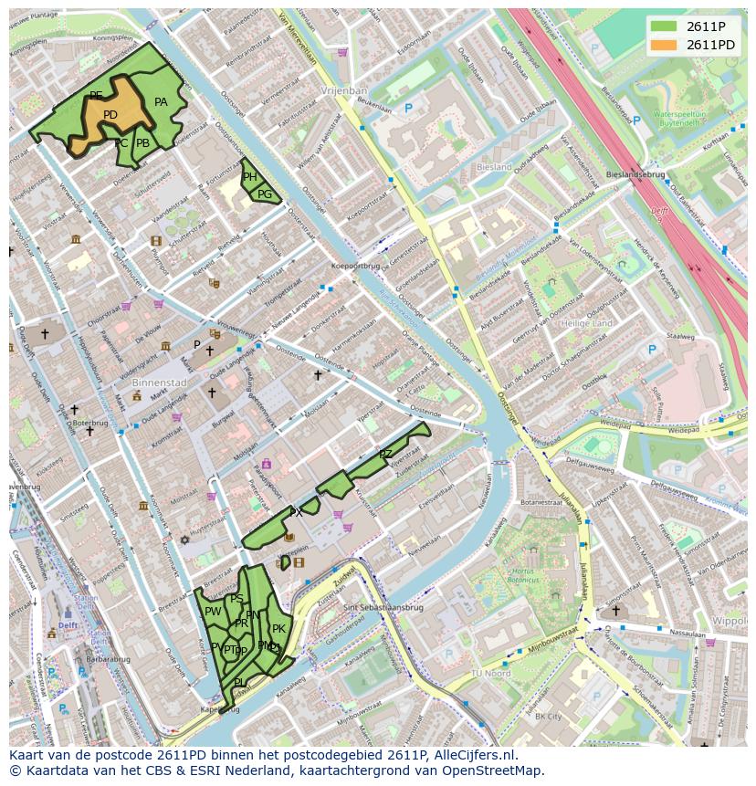Afbeelding van het postcodegebied 2611 PD op de kaart.