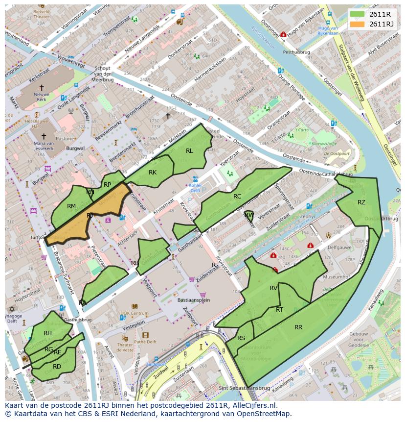 Afbeelding van het postcodegebied 2611 RJ op de kaart.
