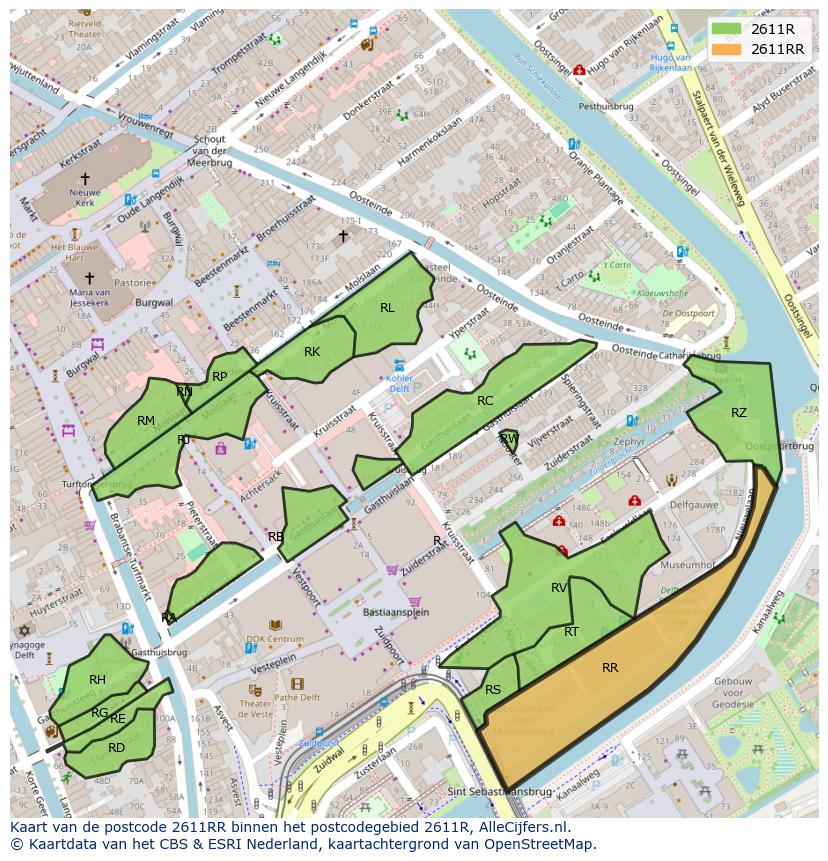 Afbeelding van het postcodegebied 2611 RR op de kaart.