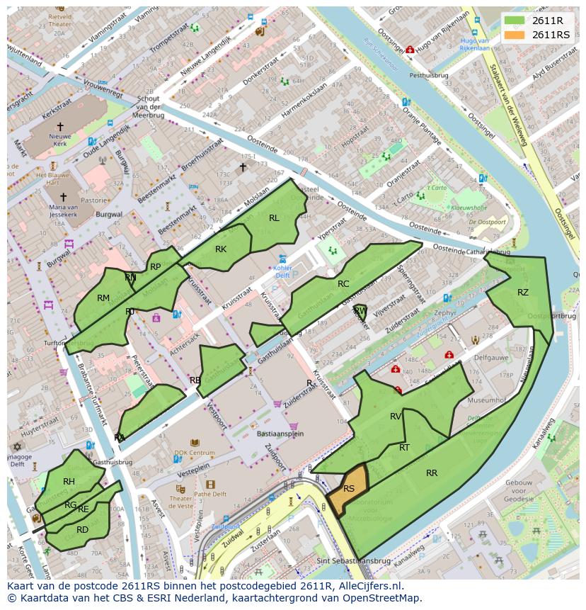 Afbeelding van het postcodegebied 2611 RS op de kaart.