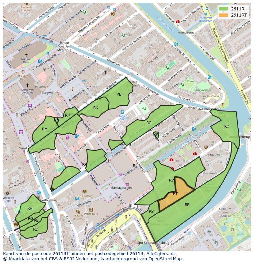 Afbeelding van het postcodegebied 2611 RT op de kaart.