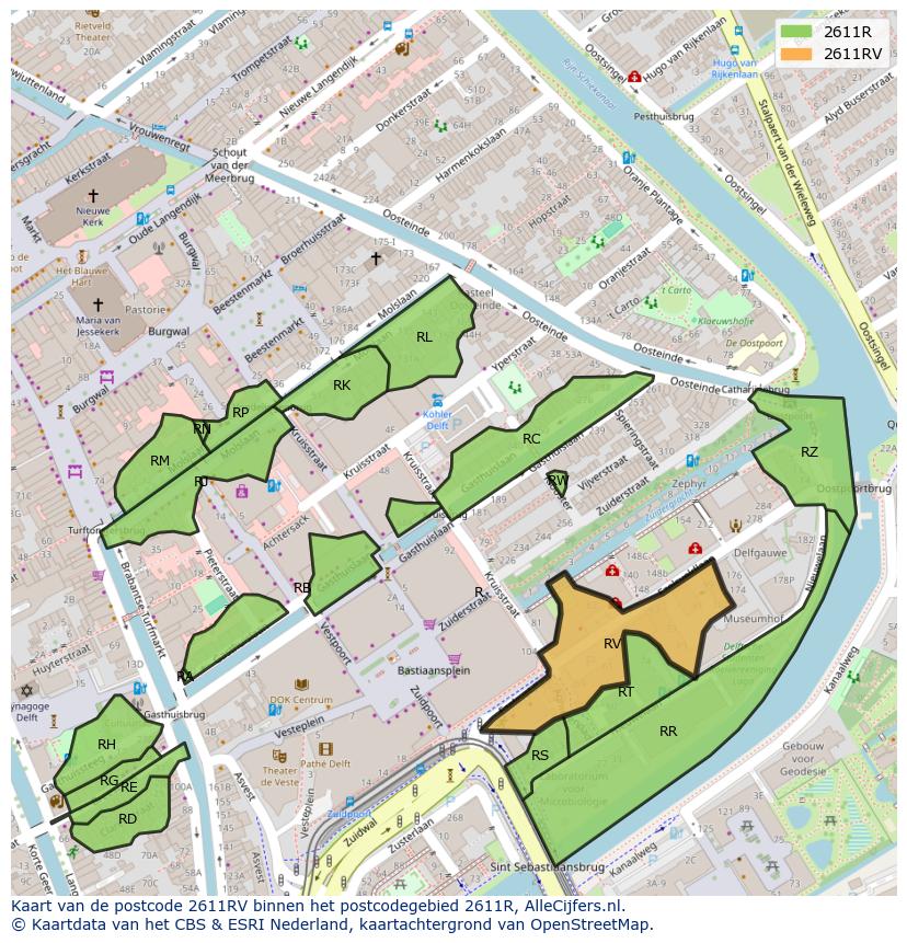 Afbeelding van het postcodegebied 2611 RV op de kaart.